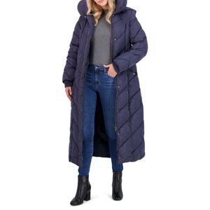 NWT Steve Madden Long Chevron Puffer Winter Coat Navy Blue Size XS